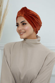 Glamour Knot Velvet Pre-Tied Turban, Super Soft Handmade Instant Turban Head Cover for Women, Velvet Winter Hat, Comfy Chemo Headwear,B-68K Tile Red