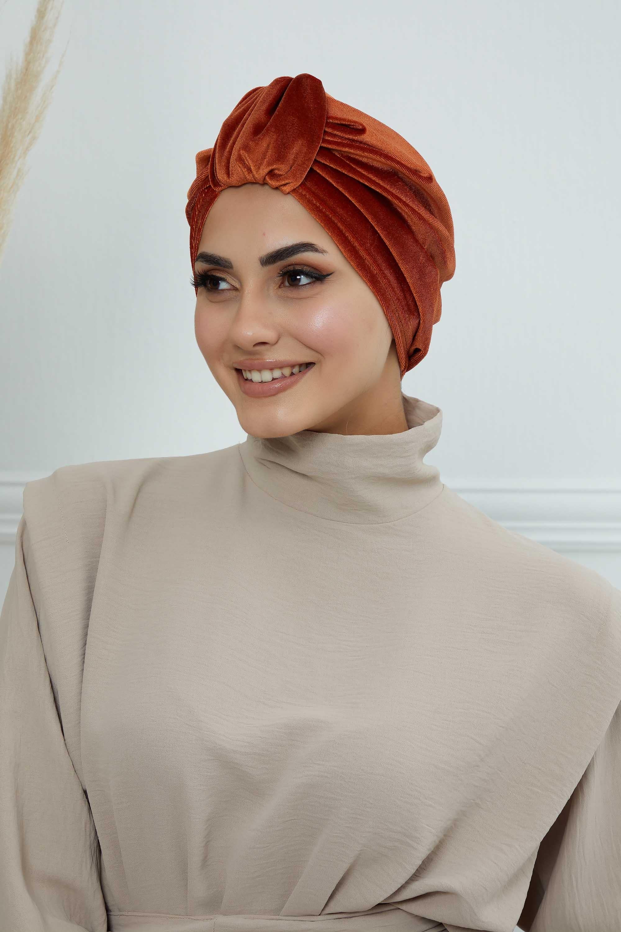 Glamour Knot Velvet Pre-Tied Turban, Super Soft Handmade Instant Turban Head Cover for Women, Velvet Winter Hat, Comfy Chemo Headwear,B-68K Tile Red