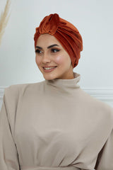 Glamour Knot Velvet Pre-Tied Turban, Super Soft Handmade Instant Turban Head Cover for Women, Velvet Winter Hat, Comfy Chemo Headwear,B-68K Tile Red