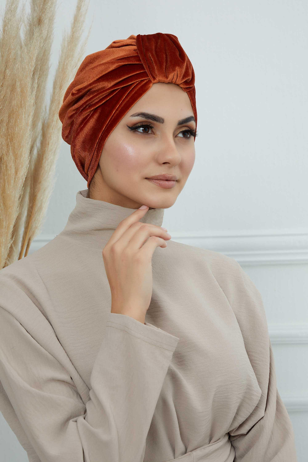Glamour Knot Velvet Pre-Tied Turban, Super Soft Handmade Instant Turban Head Cover for Women, Velvet Winter Hat, Comfy Chemo Headwear,B-68K Tile Red