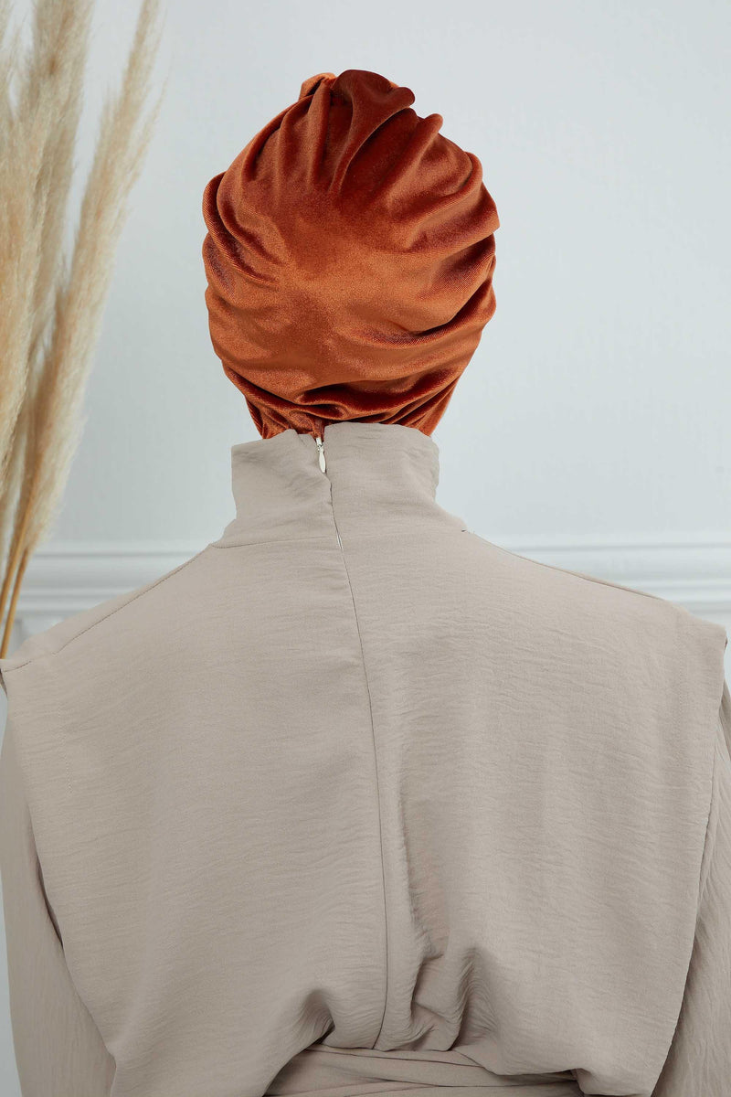 Glamour Knot Velvet Pre-Tied Turban, Super Soft Handmade Instant Turban Head Cover for Women, Velvet Winter Hat, Comfy Chemo Headwear,B-68K Tile Red