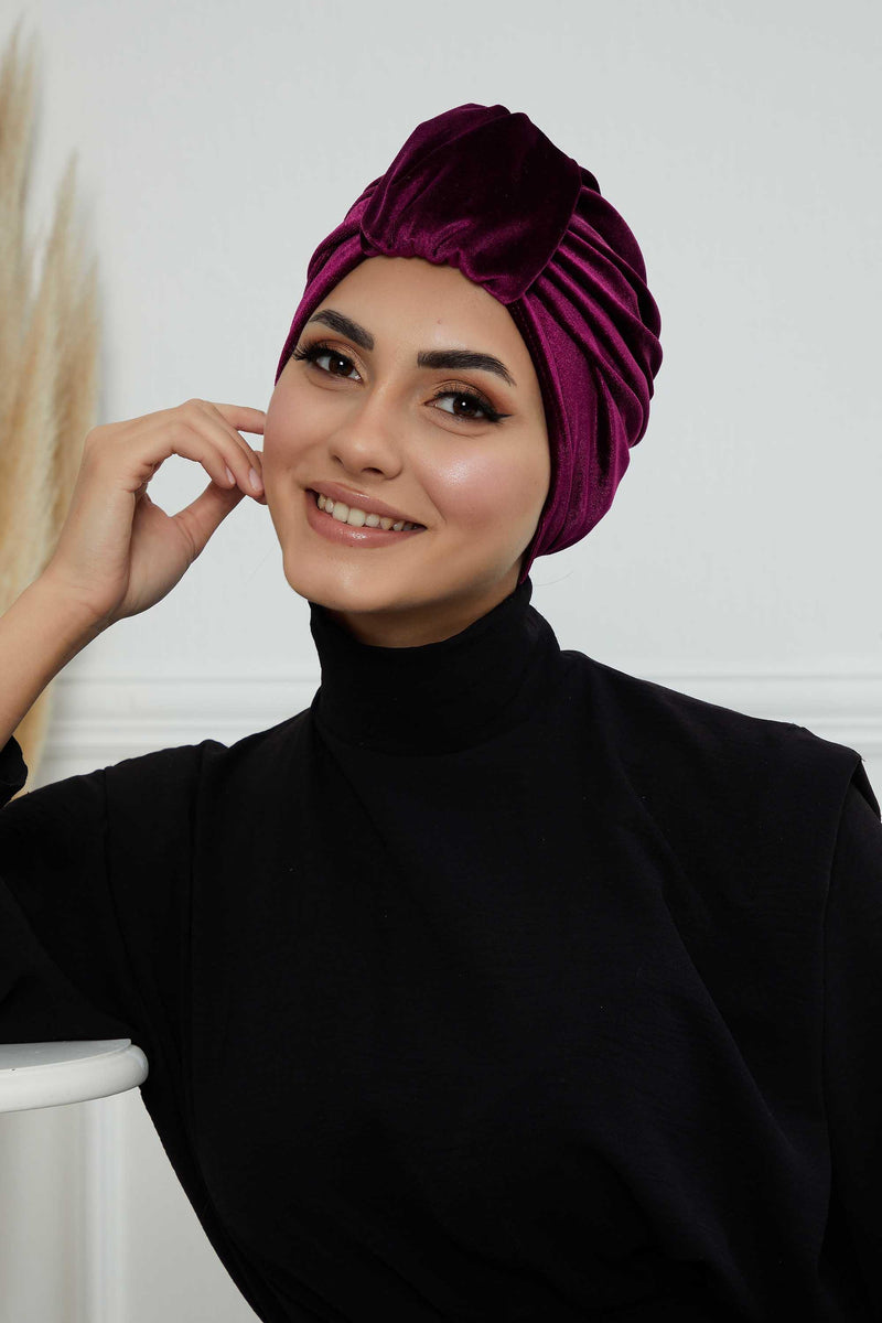 Glamour Knot Velvet Pre-Tied Turban, Super Soft Handmade Instant Turban Head Cover for Women, Velvet Winter Hat, Comfy Chemo Headwear,B-68K Purple