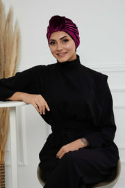 Glamour Knot Velvet Pre-Tied Turban, Super Soft Handmade Instant Turban Head Cover for Women, Velvet Winter Hat, Comfy Chemo Headwear,B-68K Purple