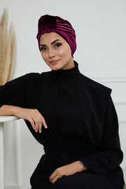 Glamour Knot Velvet Pre-Tied Turban, Super Soft Handmade Instant Turban Head Cover for Women, Velvet Winter Hat, Comfy Chemo Headwear,B-68K Purple