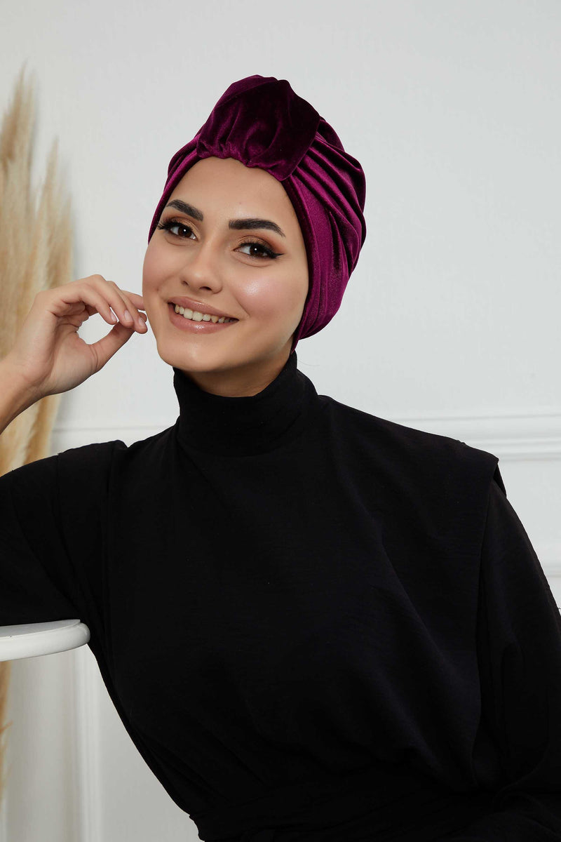 Glamour Knot Velvet Pre-Tied Turban, Super Soft Handmade Instant Turban Head Cover for Women, Velvet Winter Hat, Comfy Chemo Headwear,B-68K Purple