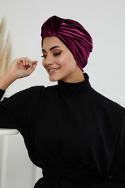 Glamour Knot Velvet Pre-Tied Turban, Super Soft Handmade Instant Turban Head Cover for Women, Velvet Winter Hat, Comfy Chemo Headwear,B-68K Purple