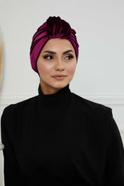Glamour Knot Velvet Pre-Tied Turban, Super Soft Handmade Instant Turban Head Cover for Women, Velvet Winter Hat, Comfy Chemo Headwear,B-68K Purple