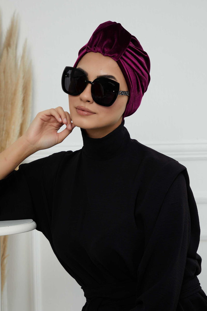 Glamour Knot Velvet Pre-Tied Turban, Super Soft Handmade Instant Turban Head Cover for Women, Velvet Winter Hat, Comfy Chemo Headwear,B-68K Purple