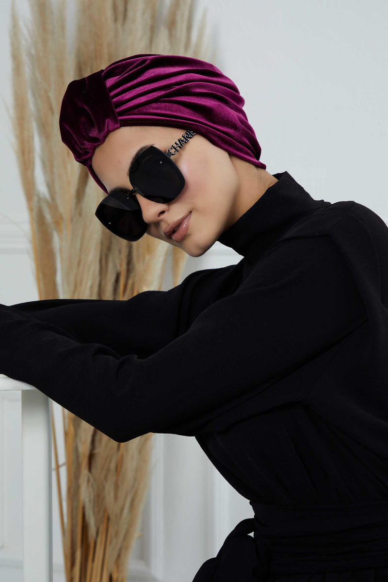 Glamour Knot Velvet Pre-Tied Turban, Super Soft Handmade Instant Turban Head Cover for Women, Velvet Winter Hat, Comfy Chemo Headwear,B-68K Purple
