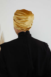 Glamour Knot Velvet Pre-Tied Turban, Super Soft Handmade Instant Turban Head Cover for Women, Velvet Winter Hat, Comfy Chemo Headwear,B-68K Mustard Yellow