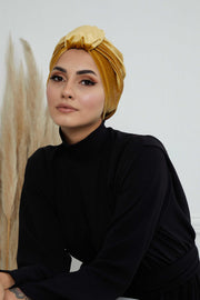 Glamour Knot Velvet Pre-Tied Turban, Super Soft Handmade Instant Turban Head Cover for Women, Velvet Winter Hat, Comfy Chemo Headwear,B-68K Mustard Yellow