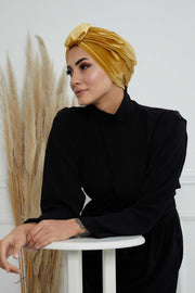 Glamour Knot Velvet Pre-Tied Turban, Super Soft Handmade Instant Turban Head Cover for Women, Velvet Winter Hat, Comfy Chemo Headwear,B-68K Mustard Yellow