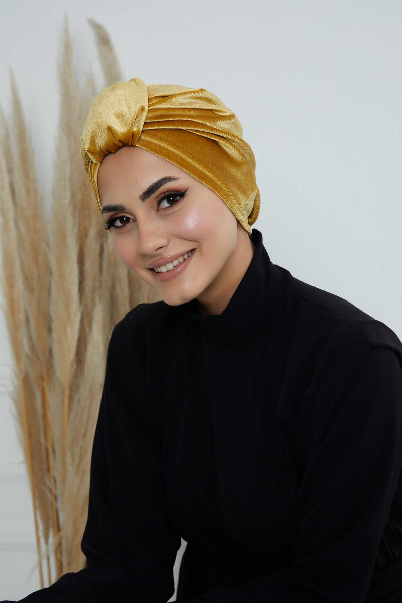 Glamour Knot Velvet Pre-Tied Turban, Super Soft Handmade Instant Turban Head Cover for Women, Velvet Winter Hat, Comfy Chemo Headwear,B-68K Mustard Yellow