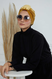 Glamour Knot Velvet Pre-Tied Turban, Super Soft Handmade Instant Turban Head Cover for Women, Velvet Winter Hat, Comfy Chemo Headwear,B-68K Mustard Yellow