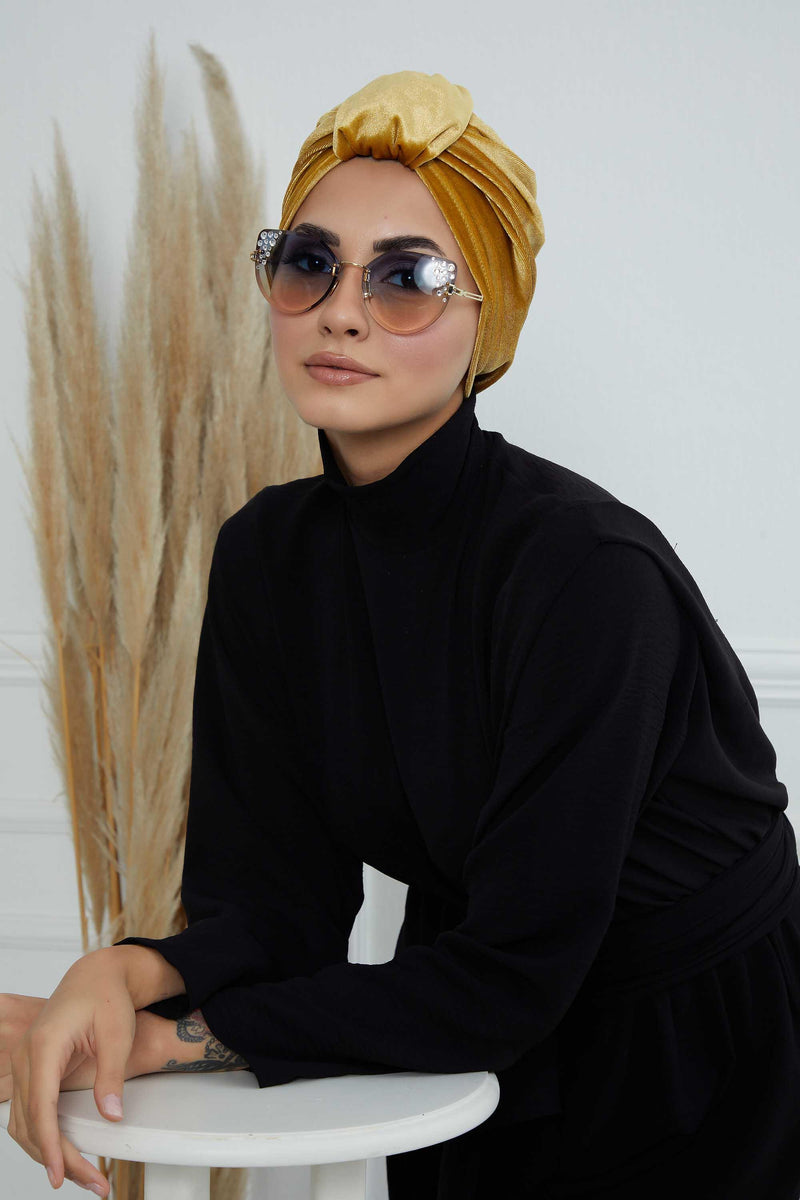 Glamour Knot Velvet Pre-Tied Turban, Super Soft Handmade Instant Turban Head Cover for Women, Velvet Winter Hat, Comfy Chemo Headwear,B-68K Mustard Yellow