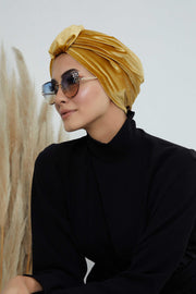 Glamour Knot Velvet Pre-Tied Turban, Super Soft Handmade Instant Turban Head Cover for Women, Velvet Winter Hat, Comfy Chemo Headwear,B-68K Mustard Yellow