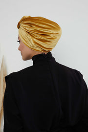 Glamour Knot Velvet Pre-Tied Turban, Super Soft Handmade Instant Turban Head Cover for Women, Velvet Winter Hat, Comfy Chemo Headwear,B-68K Mustard Yellow