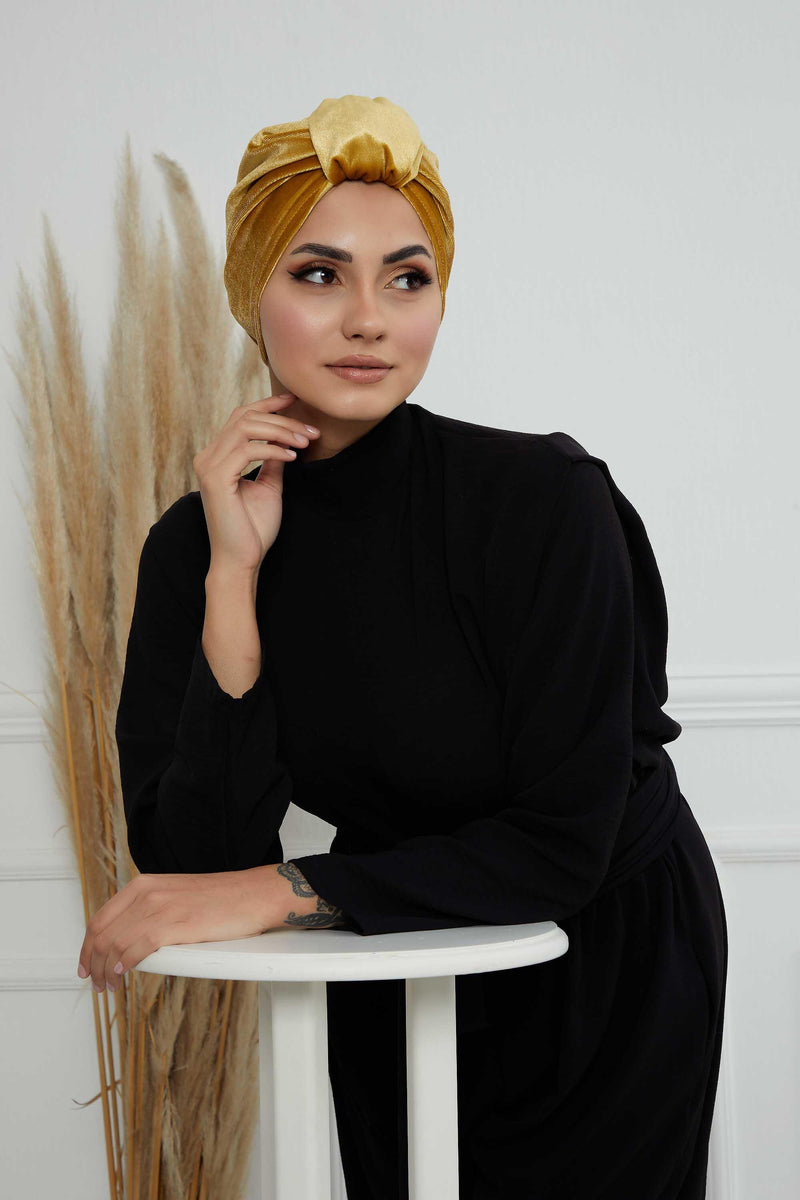 Glamour Knot Velvet Pre-Tied Turban, Super Soft Handmade Instant Turban Head Cover for Women, Velvet Winter Hat, Comfy Chemo Headwear,B-68K Mustard Yellow