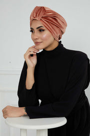 Glamour Knot Velvet Pre-Tied Turban, Super Soft Handmade Instant Turban Head Cover for Women, Velvet Winter Hat, Comfy Chemo Headwear,B-68K Salmon