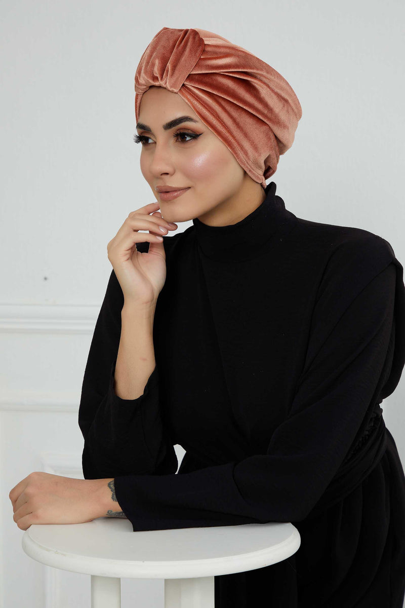 Glamour Knot Velvet Pre-Tied Turban, Super Soft Handmade Instant Turban Head Cover for Women, Velvet Winter Hat, Comfy Chemo Headwear,B-68K Salmon