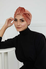 Glamour Knot Velvet Pre-Tied Turban, Super Soft Handmade Instant Turban Head Cover for Women, Velvet Winter Hat, Comfy Chemo Headwear,B-68K Salmon