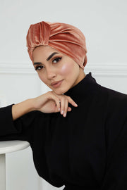 Glamour Knot Velvet Pre-Tied Turban, Super Soft Handmade Instant Turban Head Cover for Women, Velvet Winter Hat, Comfy Chemo Headwear,B-68K Salmon