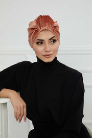 Glamour Knot Velvet Pre-Tied Turban, Super Soft Handmade Instant Turban Head Cover for Women, Velvet Winter Hat, Comfy Chemo Headwear,B-68K Salmon