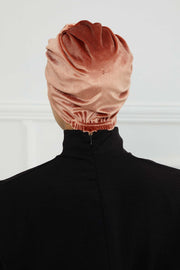 Glamour Knot Velvet Pre-Tied Turban, Super Soft Handmade Instant Turban Head Cover for Women, Velvet Winter Hat, Comfy Chemo Headwear,B-68K Salmon