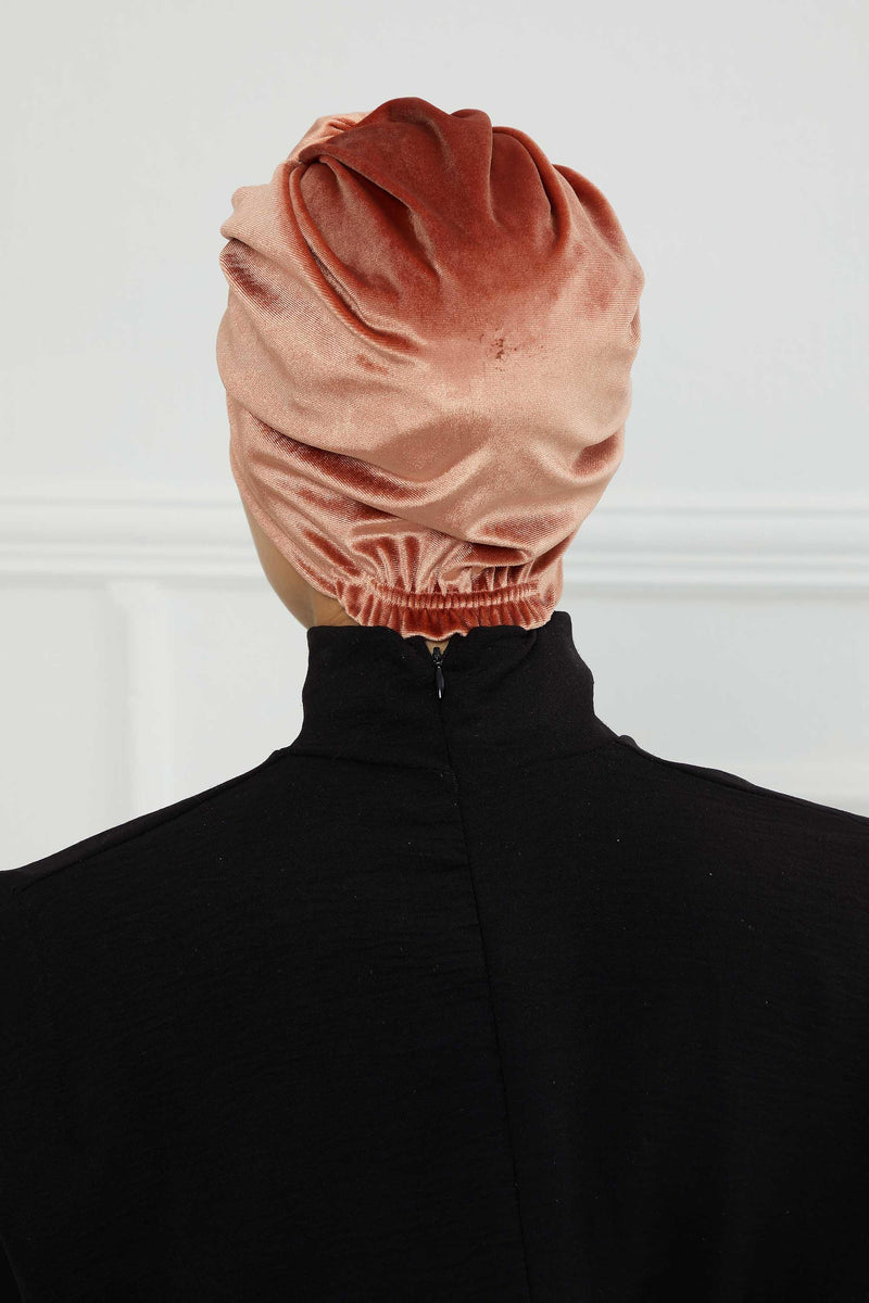 Glamour Knot Velvet Pre-Tied Turban, Super Soft Handmade Instant Turban Head Cover for Women, Velvet Winter Hat, Comfy Chemo Headwear,B-68K Salmon