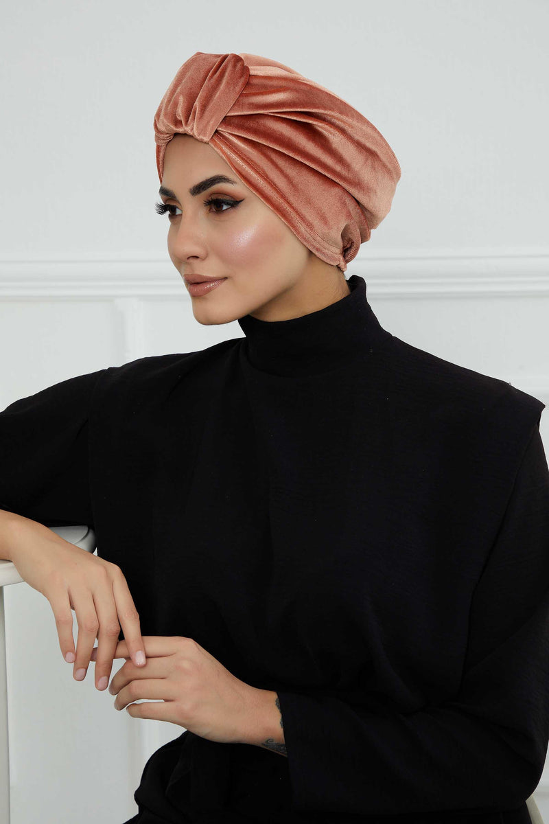 Glamour Knot Velvet Pre-Tied Turban, Super Soft Handmade Instant Turban Head Cover for Women, Velvet Winter Hat, Comfy Chemo Headwear,B-68K Salmon
