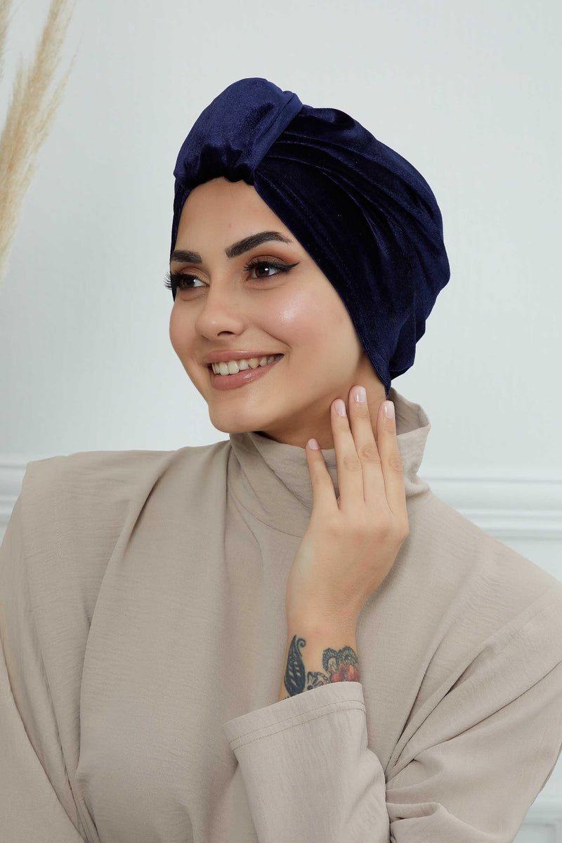 Glamour Knot Velvet Pre-Tied Turban, Super Soft Handmade Instant Turban Head Cover for Women, Velvet Winter Hat, Comfy Chemo Headwear,B-68K Navy Blue