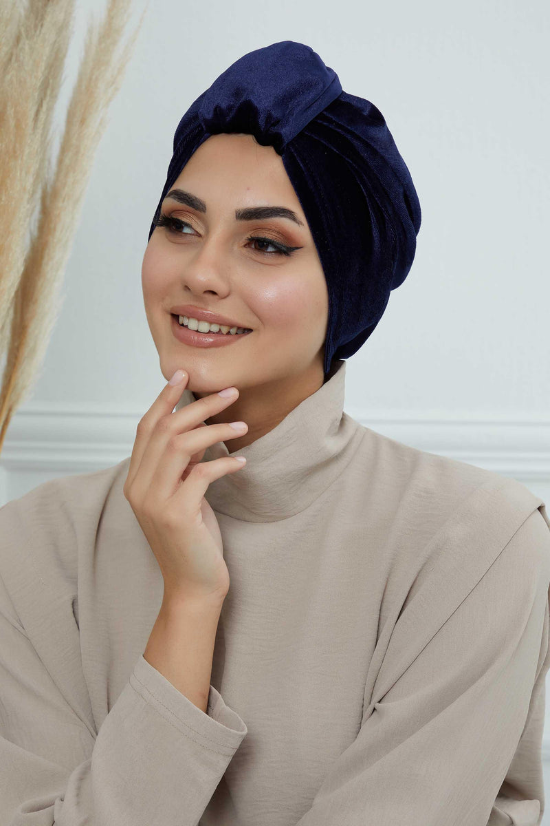 Glamour Knot Velvet Pre-Tied Turban, Super Soft Handmade Instant Turban Head Cover for Women, Velvet Winter Hat, Comfy Chemo Headwear,B-68K Navy Blue
