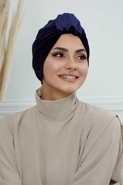 Glamour Knot Velvet Pre-Tied Turban, Super Soft Handmade Instant Turban Head Cover for Women, Velvet Winter Hat, Comfy Chemo Headwear,B-68K Navy Blue