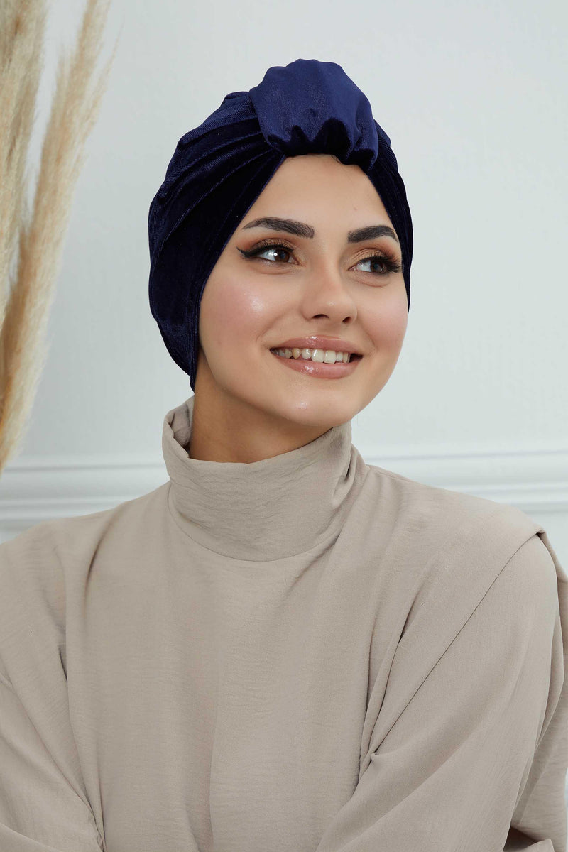 Glamour Knot Velvet Pre-Tied Turban, Super Soft Handmade Instant Turban Head Cover for Women, Velvet Winter Hat, Comfy Chemo Headwear,B-68K Navy Blue
