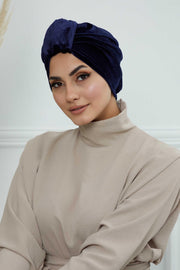 Glamour Knot Velvet Pre-Tied Turban, Super Soft Handmade Instant Turban Head Cover for Women, Velvet Winter Hat, Comfy Chemo Headwear,B-68K Navy Blue