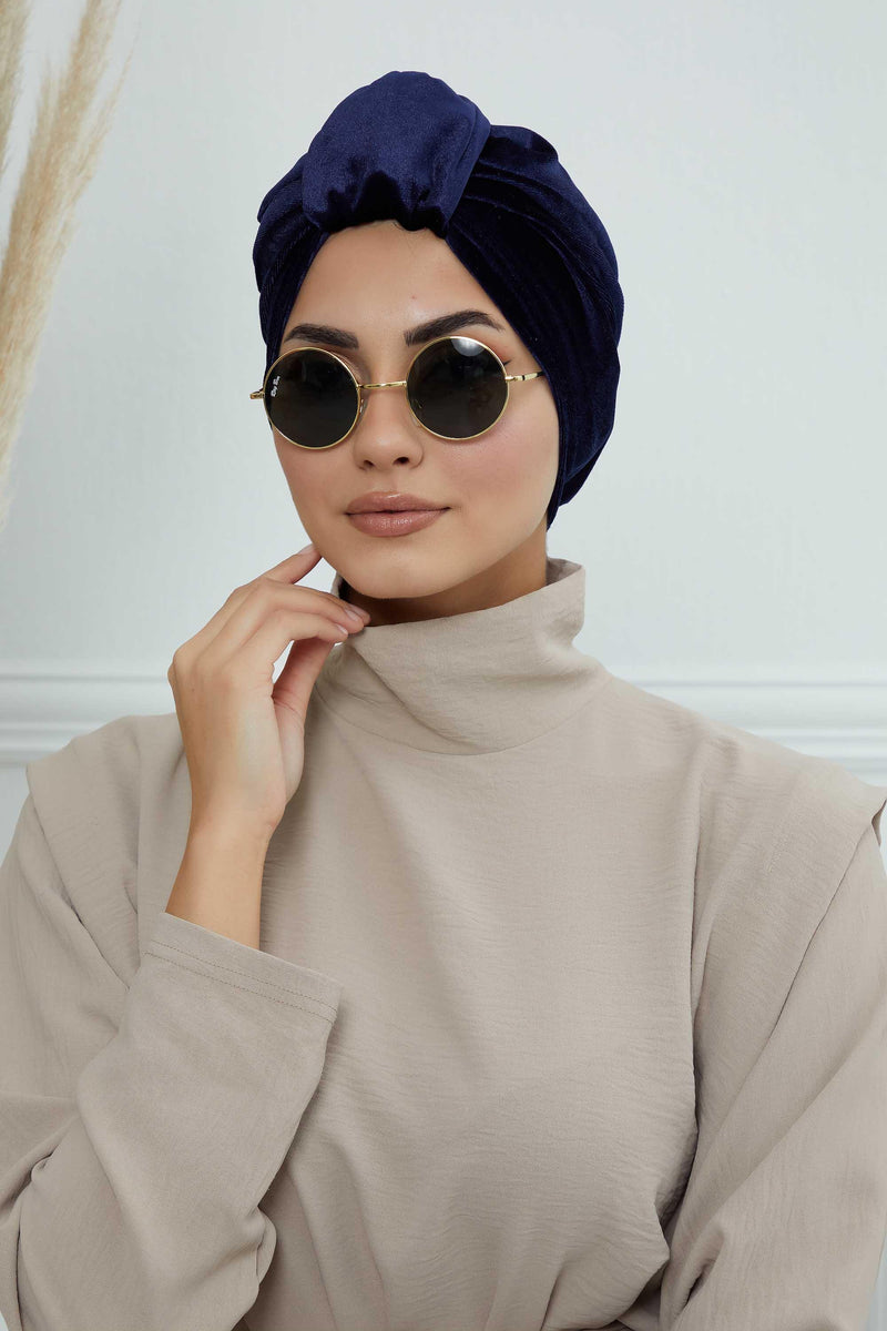 Glamour Knot Velvet Pre-Tied Turban, Super Soft Handmade Instant Turban Head Cover for Women, Velvet Winter Hat, Comfy Chemo Headwear,B-68K Navy Blue