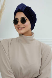 Glamour Knot Velvet Pre-Tied Turban, Super Soft Handmade Instant Turban Head Cover for Women, Velvet Winter Hat, Comfy Chemo Headwear,B-68K Navy Blue