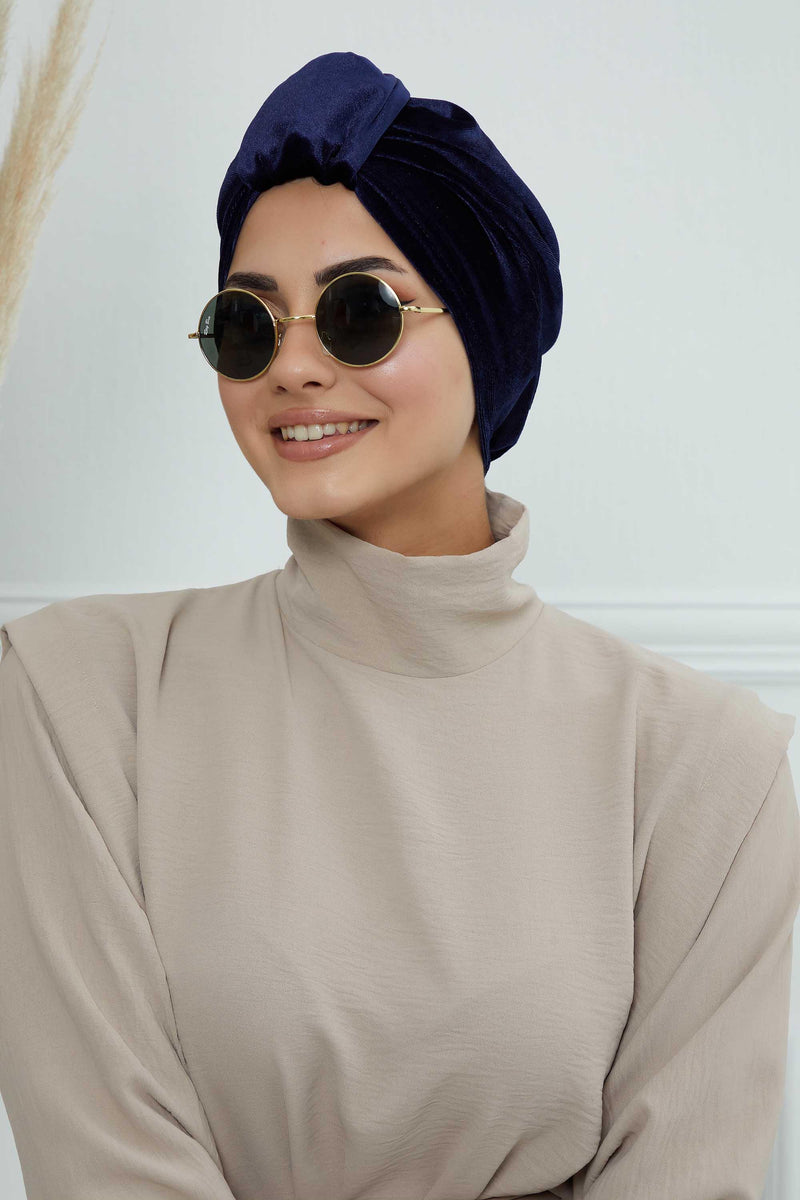 Glamour Knot Velvet Pre-Tied Turban, Super Soft Handmade Instant Turban Head Cover for Women, Velvet Winter Hat, Comfy Chemo Headwear,B-68K Navy Blue