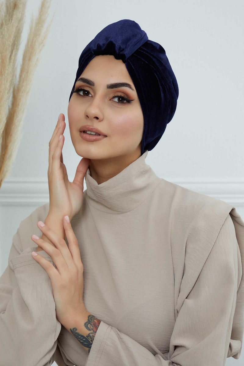 Glamour Knot Velvet Pre-Tied Turban, Super Soft Handmade Instant Turban Head Cover for Women, Velvet Winter Hat, Comfy Chemo Headwear,B-68K Navy Blue