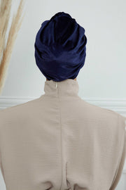 Glamour Knot Velvet Pre-Tied Turban, Super Soft Handmade Instant Turban Head Cover for Women, Velvet Winter Hat, Comfy Chemo Headwear,B-68K Navy Blue