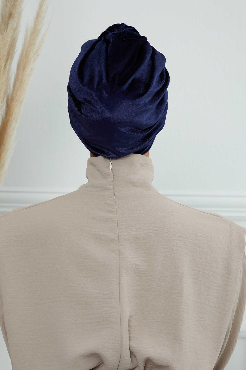 Glamour Knot Velvet Pre-Tied Turban, Super Soft Handmade Instant Turban Head Cover for Women, Velvet Winter Hat, Comfy Chemo Headwear,B-68K Navy Blue