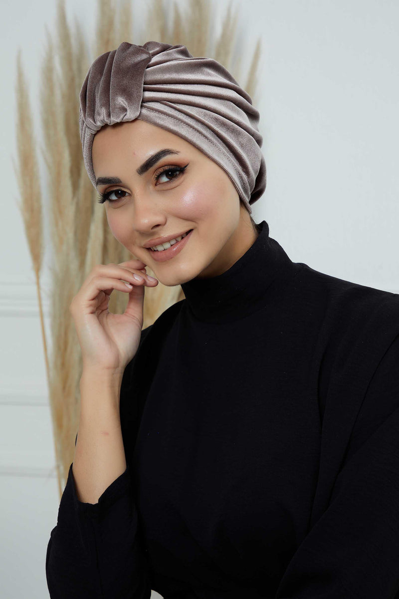 Glamour Knot Velvet Pre-Tied Turban, Super Soft Handmade Instant Turban Head Cover for Women, Velvet Winter Hat, Comfy Chemo Headwear,B-68K Mink
