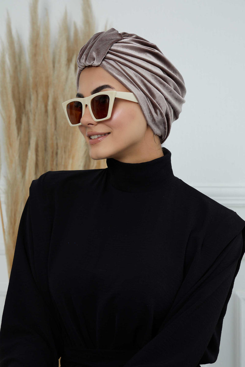 Glamour Knot Velvet Pre-Tied Turban, Super Soft Handmade Instant Turban Head Cover for Women, Velvet Winter Hat, Comfy Chemo Headwear,B-68K Mink