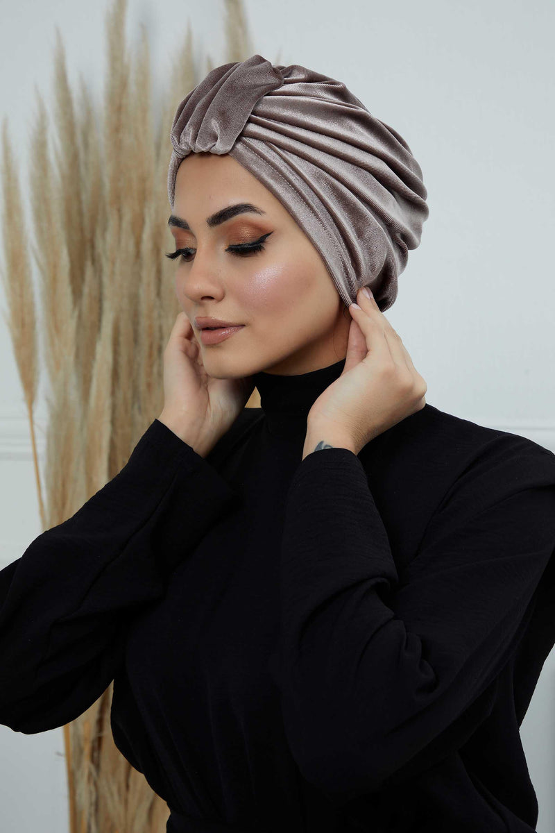 Glamour Knot Velvet Pre-Tied Turban, Super Soft Handmade Instant Turban Head Cover for Women, Velvet Winter Hat, Comfy Chemo Headwear,B-68K Mink