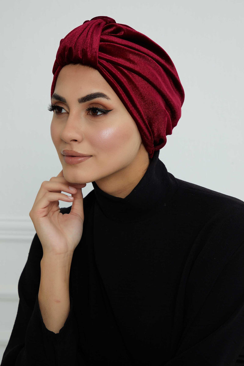 Glamour Knot Velvet Pre-Tied Turban, Super Soft Handmade Instant Turban Head Cover for Women, Velvet Winter Hat, Comfy Chemo Headwear,B-68K Maroon
