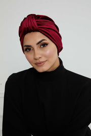 Glamour Knot Velvet Pre-Tied Turban, Super Soft Handmade Instant Turban Head Cover for Women, Velvet Winter Hat, Comfy Chemo Headwear,B-68K Maroon