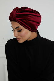 Glamour Knot Velvet Pre-Tied Turban, Super Soft Handmade Instant Turban Head Cover for Women, Velvet Winter Hat, Comfy Chemo Headwear,B-68K Maroon