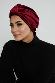 Glamour Knot Velvet Pre-Tied Turban, Super Soft Handmade Instant Turban Head Cover for Women, Velvet Winter Hat, Comfy Chemo Headwear,B-68K Maroon