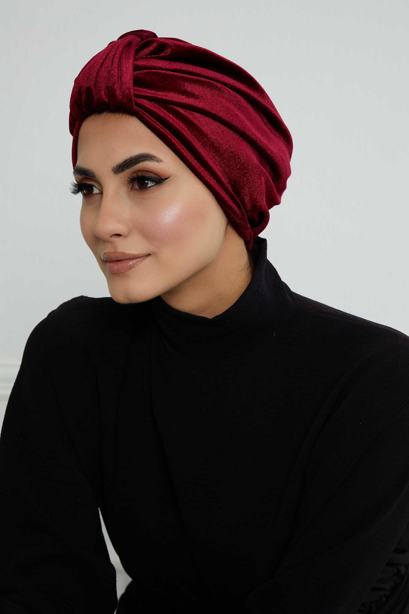Glamour Knot Velvet Pre-Tied Turban, Super Soft Handmade Instant Turban Head Cover for Women, Velvet Winter Hat, Comfy Chemo Headwear,B-68K Maroon