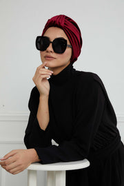 Glamour Knot Velvet Pre-Tied Turban, Super Soft Handmade Instant Turban Head Cover for Women, Velvet Winter Hat, Comfy Chemo Headwear,B-68K Maroon